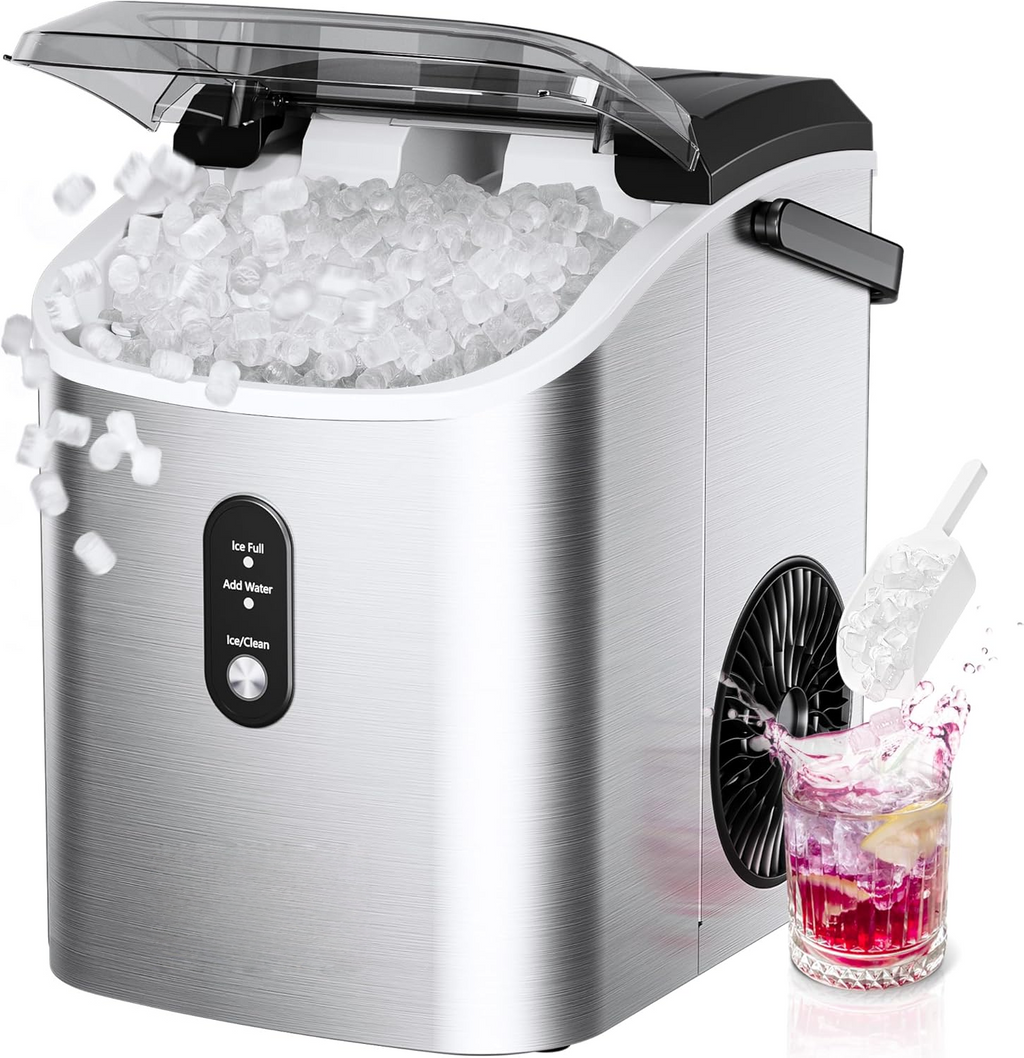 Countertop Nugget Ice Maker with Handle, Ready in 6 Mins, 34lbs Per Day, Removable Top Cover, Auto-Cleaning Portable Sonic Ice Maker with Basket & Scoop for Home Party RV Camping, Silver