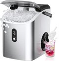 Countertop Nugget Ice Maker with Handle, Ready in 6 Mins, 34lbs Per Day, Removable Top Cover, Auto-Cleaning Portable Sonic Ice Maker with Basket & Scoop for Home Party RV Camping, Silver