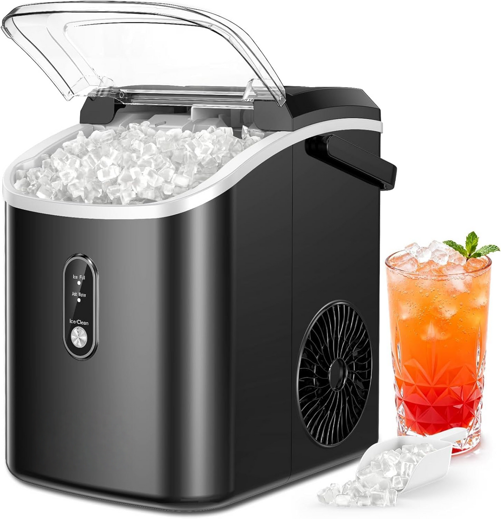Countertop Nugget Ice Maker with Handle, Ready in 6 Mins, 34lbs/Day, Removable Top Cover, Self-Cleaning Portable Chewable Ice Maker with Basket & Scoop for Home RV Party Camping, Black