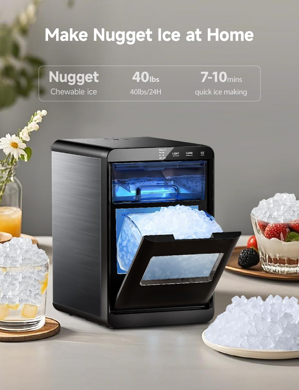 40Lbs Daily Countertop Ice Maker, Self-Cleaning Nugget Pellet Ice Machine for Home & Office