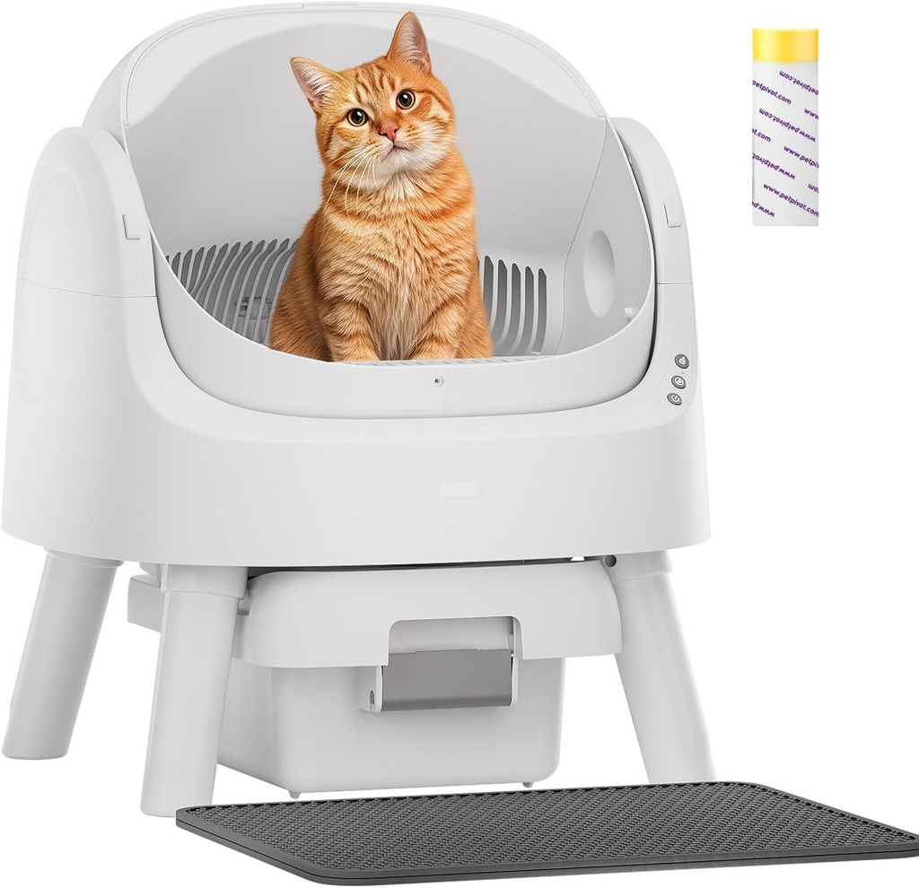 White Open‑Top Self‑Cleaning Automatic Cat Litter Box for Multi‑Cat Household, Multi‑Layer Safety Protection, Includes Disposable Liners & Non‑Slip Mat