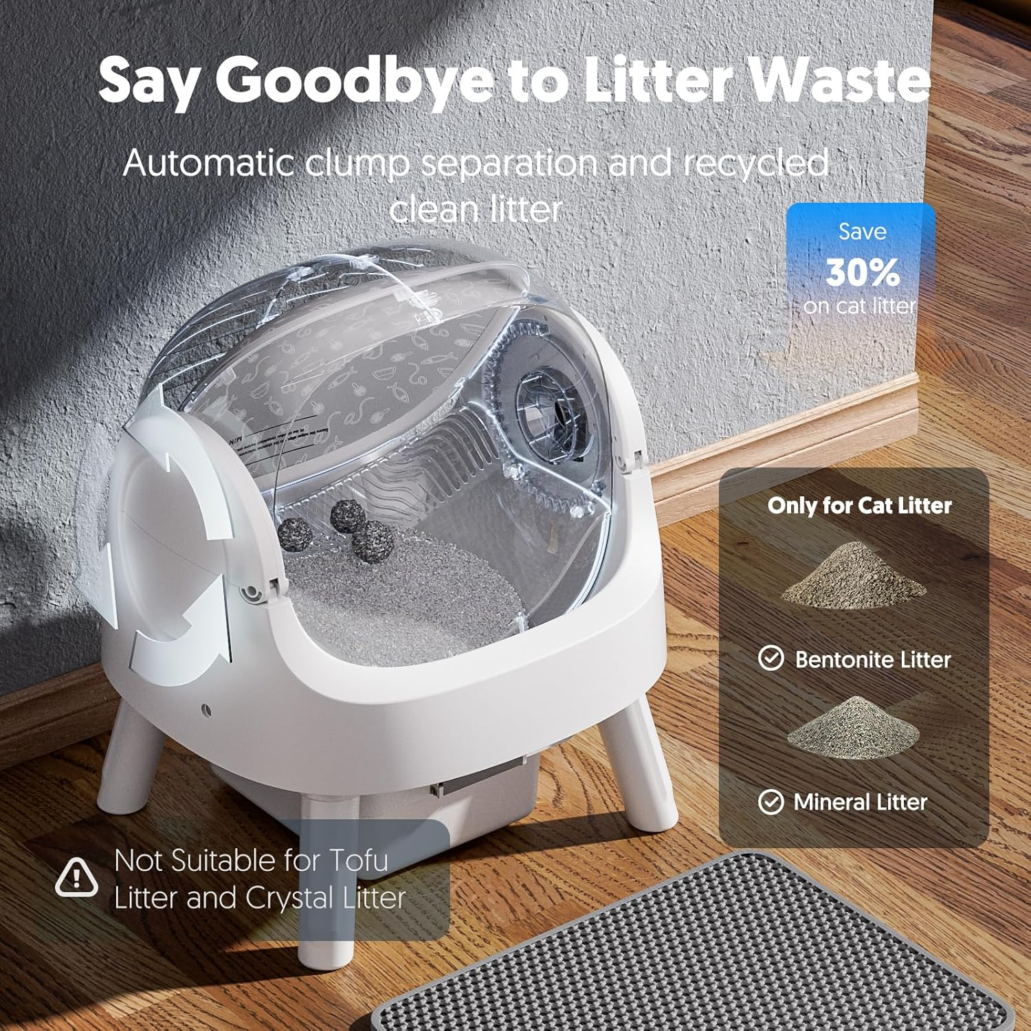 White Open‑Top Self‑Cleaning Automatic Cat Litter Box for Multi‑Cat Household, Multi‑Layer Safety Protection, Includes Disposable Liners & Non‑Slip Mat
