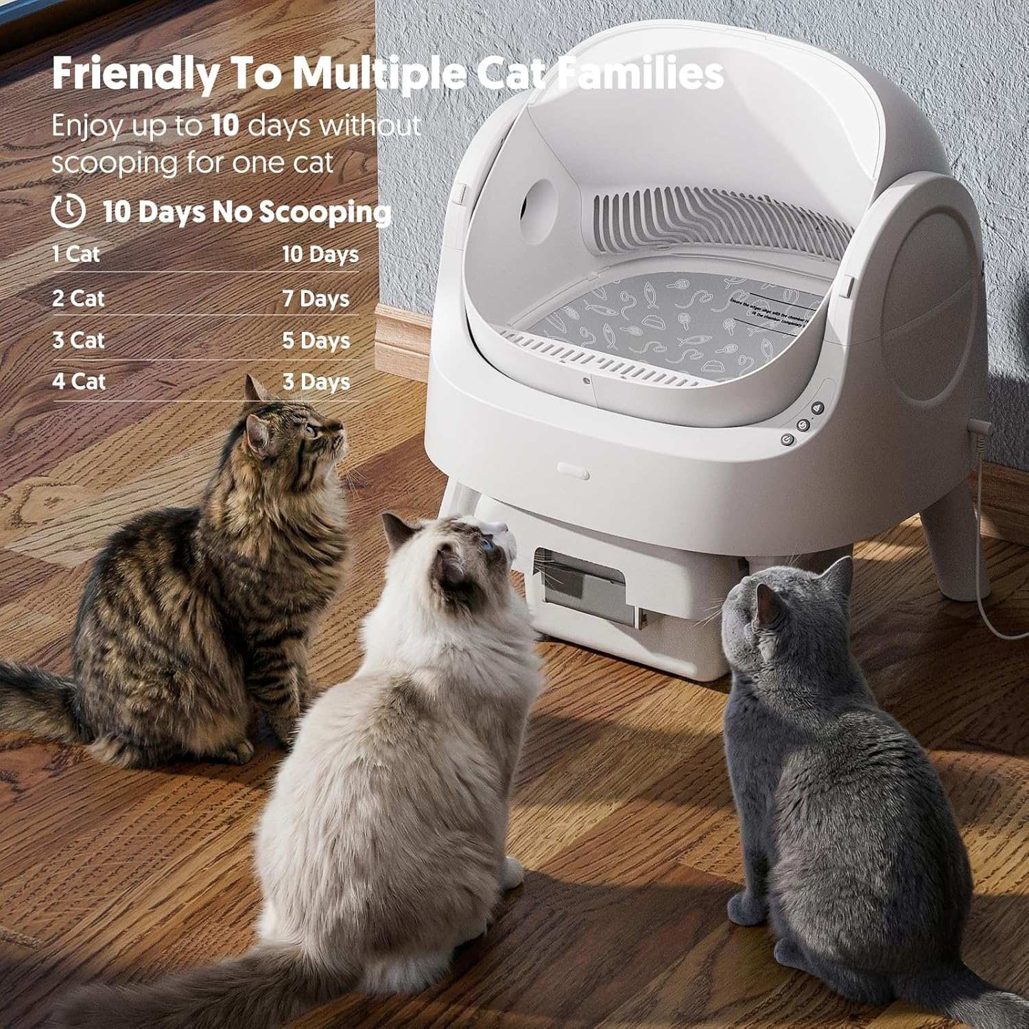 White Open‑Top Self‑Cleaning Automatic Cat Litter Box for Multi‑Cat Household, Multi‑Layer Safety Protection, Includes Disposable Liners & Non‑Slip Mat