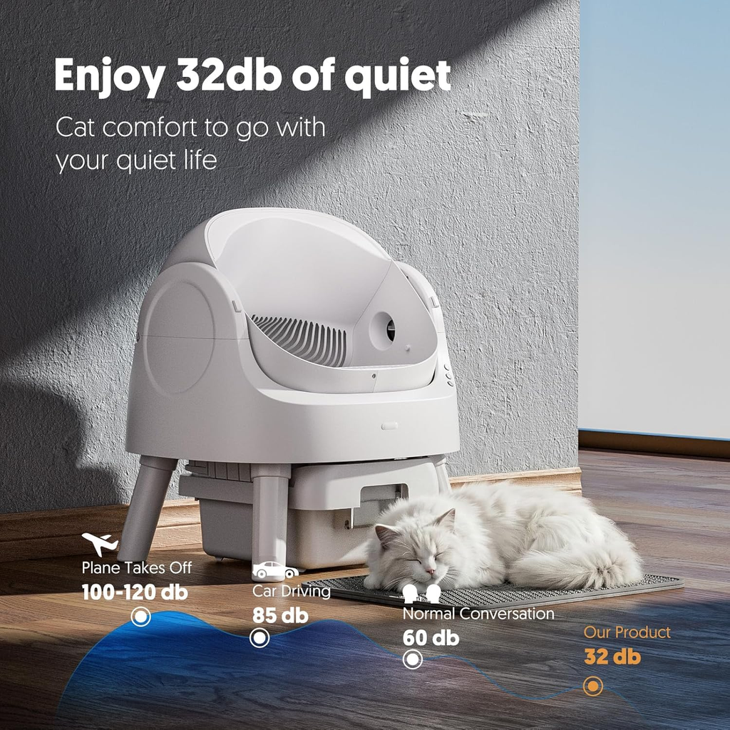 White Open‑Top Self‑Cleaning Automatic Cat Litter Box for Multi‑Cat Household, Multi‑Layer Safety Protection, Includes Disposable Liners & Non‑Slip Mat