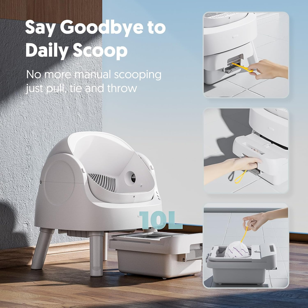 White Open‑Top Self‑Cleaning Automatic Cat Litter Box for Multi‑Cat Household, Multi‑Layer Safety Protection, Includes Disposable Liners & Non‑Slip Mat