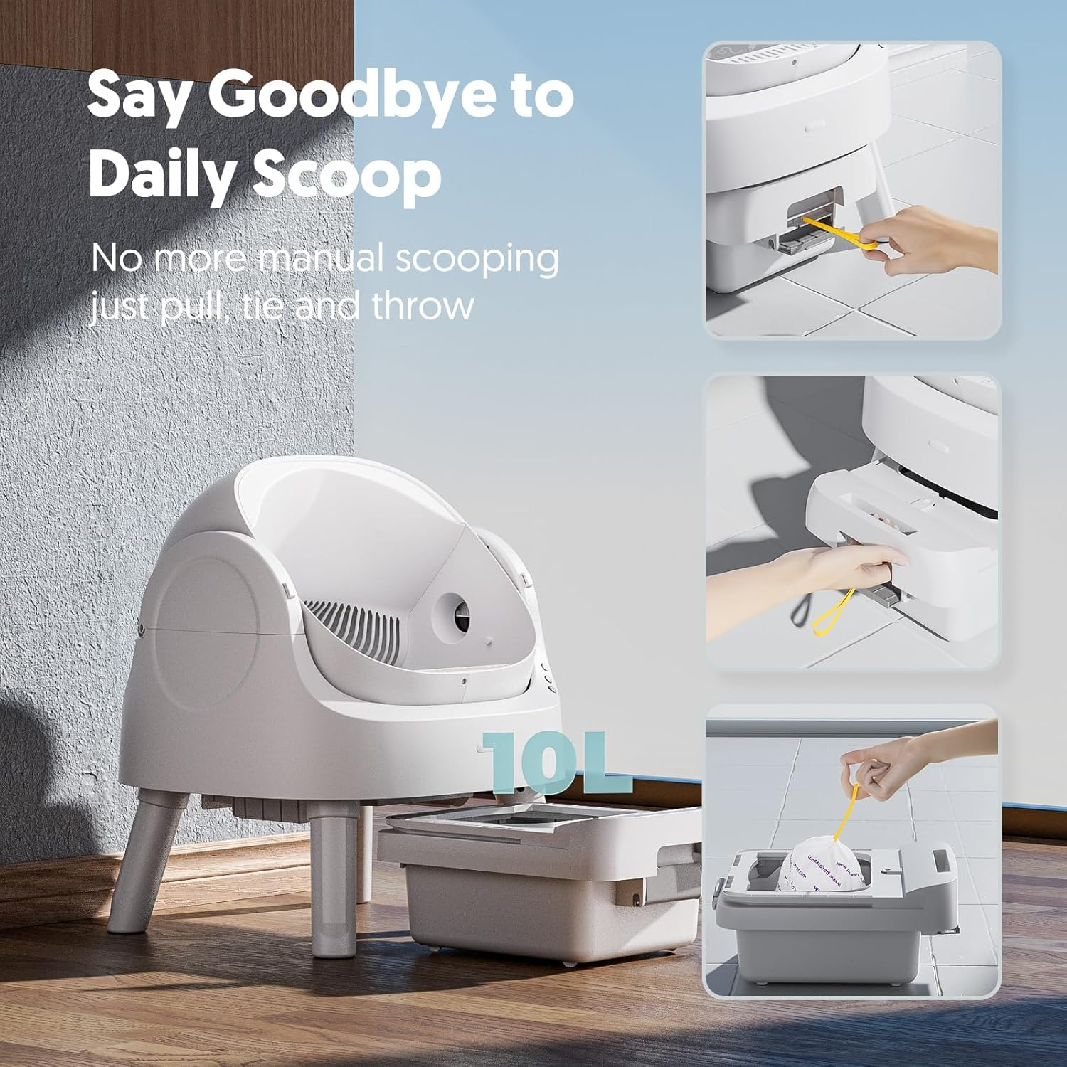 White Open‑Top Self‑Cleaning Automatic Cat Litter Box for Multi‑Cat Household, Multi‑Layer Safety Protection, Includes Disposable Liners & Non‑Slip Mat