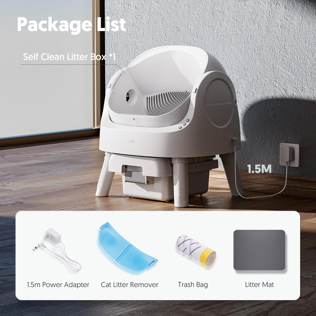White Open‑Top Self‑Cleaning Automatic Cat Litter Box for Multi‑Cat Household, Multi‑Layer Safety Protection, Includes Disposable Liners & Non‑Slip Mat
