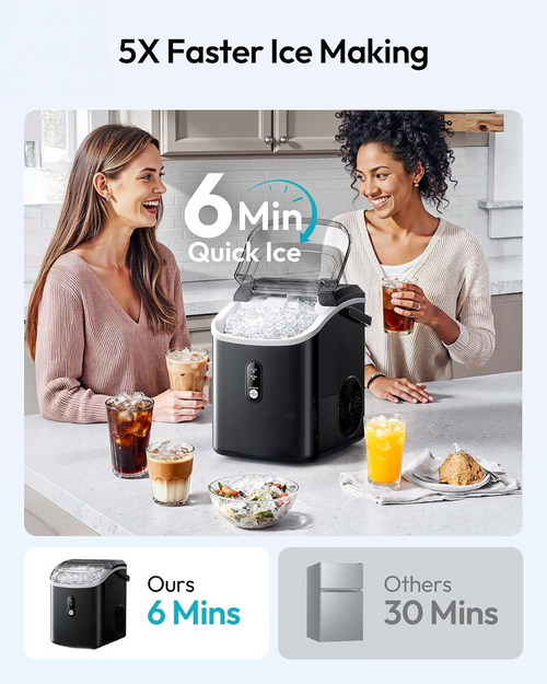Countertop Nugget Ice Maker with Handle, Ready in 6 Mins, 34lbs/Day, Removable Top Cover, Self-Cleaning Portable Chewable Ice Maker with Basket & Scoop for Home RV Party Camping, Black