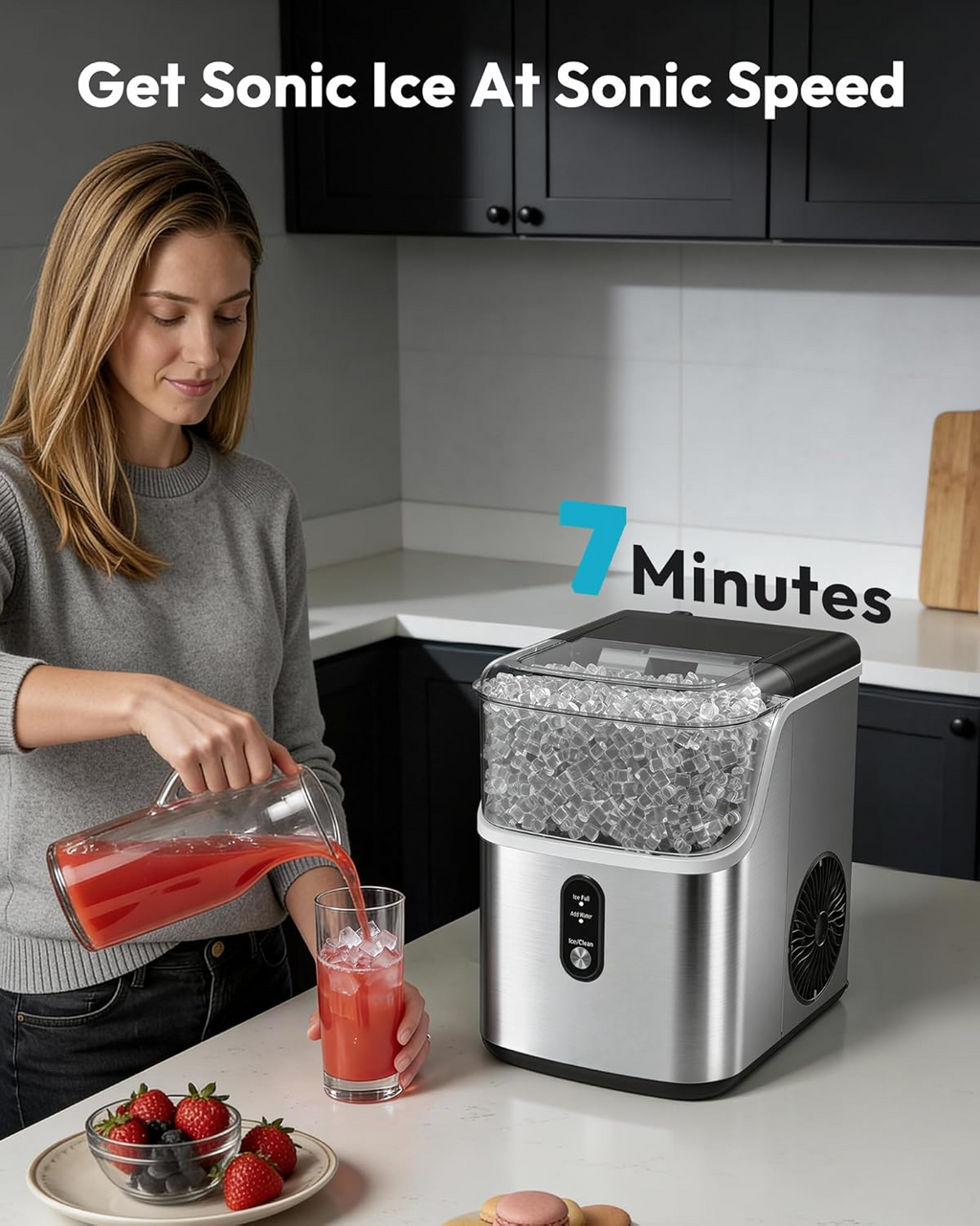 Countertop Nugget Ice Maker, Ready in 7 Mins, 35Lbs/24H Pebble Pellet Sonic Ice Machine, Self-Cleaning Stainless Steel Ice Maker with Scoop & Basket for Home