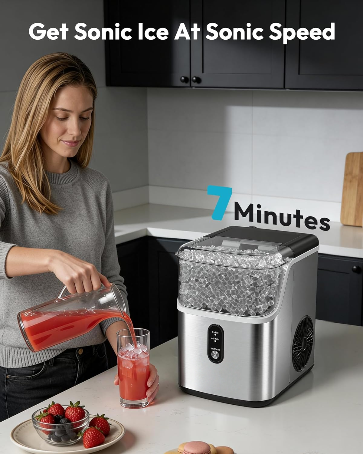 Countertop Nugget Ice Maker, Ready in 7 Mins, 35Lbs/24H Pebble Pellet Sonic Ice Machine, Self-Cleaning Stainless Steel Ice Maker with Scoop & Basket for Home