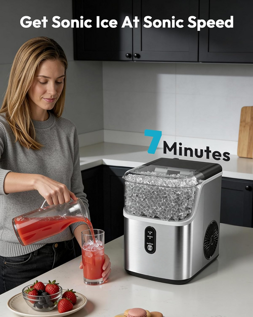 Countertop Nugget Ice Maker, Ready in 7 Mins, 35Lbs/24H Pebble Pellet Sonic Ice Machine, Self-Cleaning Stainless Steel Ice Maker with Scoop & Basket for Home