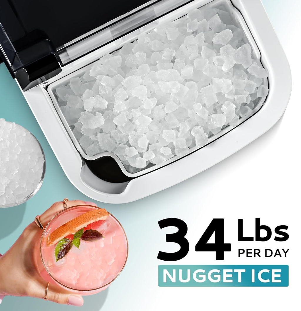 Countertop Nugget Ice Maker with Handle, Ready in 6 Mins, 34lbs Per Day, Removable Top Cover, Auto-Cleaning Portable Sonic Ice Maker with Basket & Scoop for Home Party RV Camping, Silver