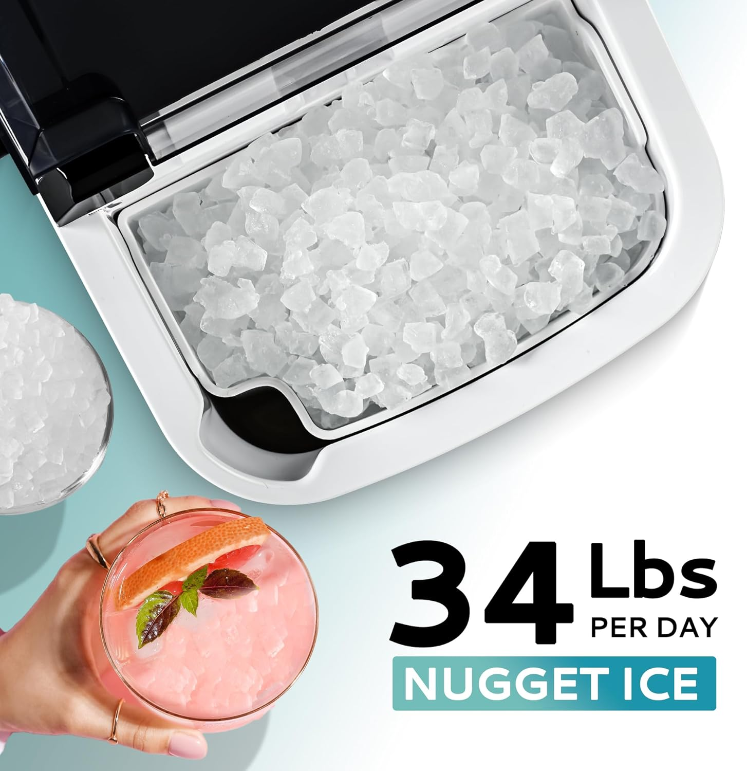 Countertop Nugget Ice Maker with Handle, Ready in 6 Mins, 34lbs Per Day, Removable Top Cover, Auto-Cleaning Portable Sonic Ice Maker with Basket & Scoop for Home Party RV Camping, Silver