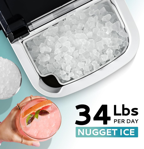 Countertop Nugget Ice Maker with Handle, Ready in 6 Mins, 34lbs Per Day, Removable Top Cover, Auto-Cleaning Portable Sonic Ice Maker with Basket & Scoop for Home Party RV Camping, Silver