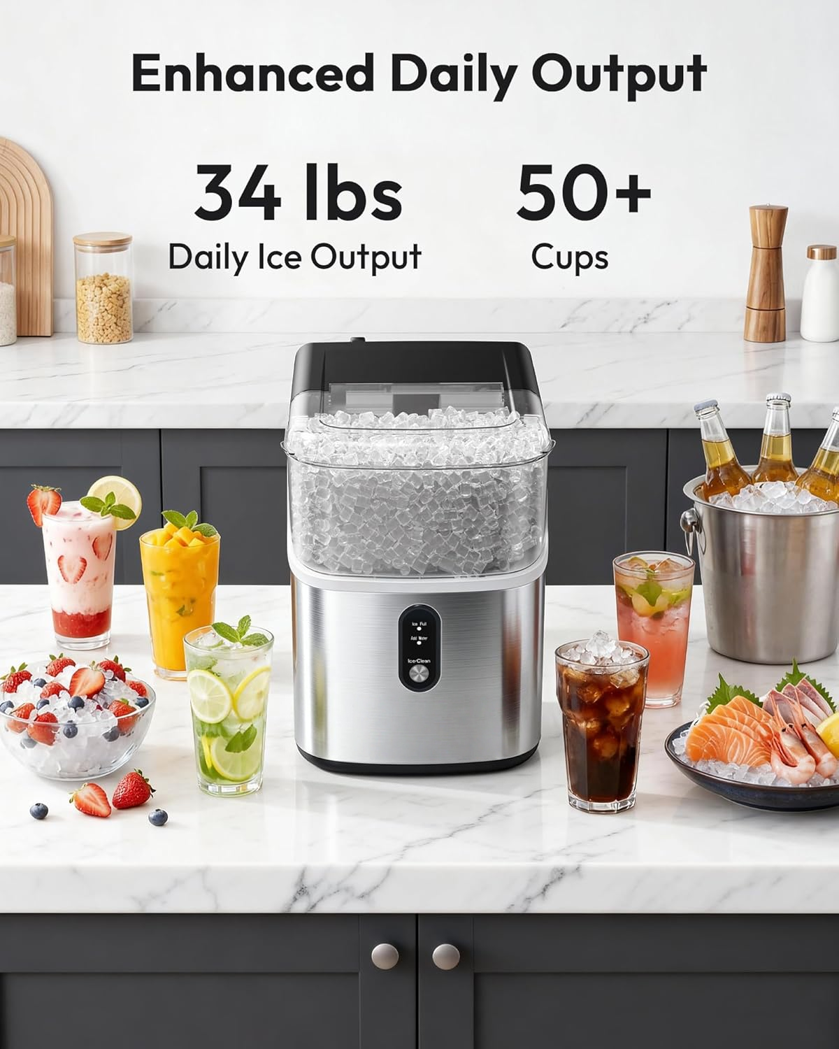 Countertop Nugget Ice Maker, Ready in 7 Mins, 35Lbs/24H Pebble Pellet Sonic Ice Machine, Self-Cleaning Stainless Steel Ice Maker with Scoop & Basket for Home