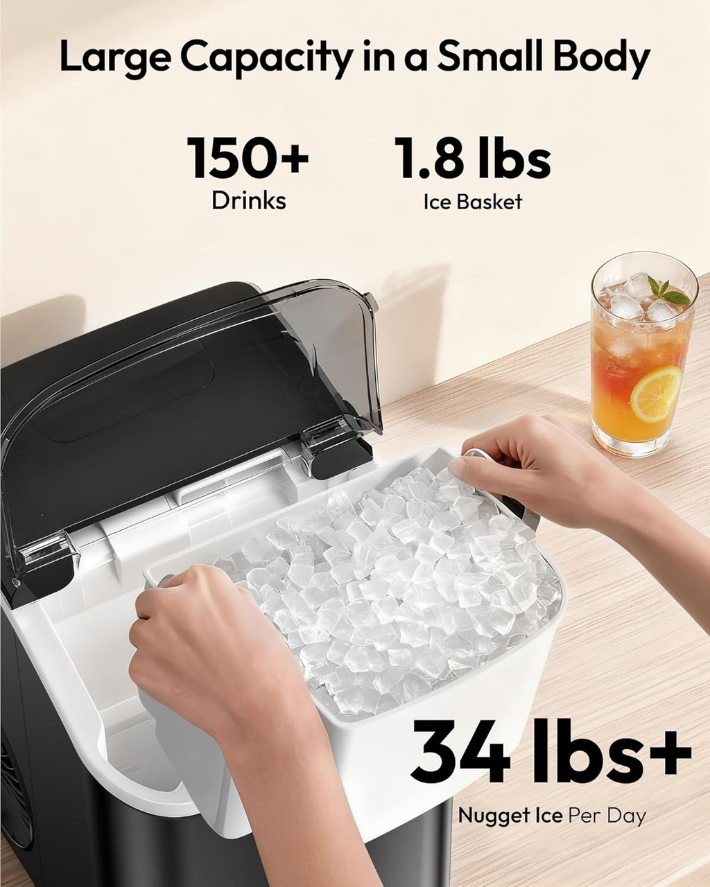 Countertop Nugget Ice Maker with Handle, Ready in 6 Mins, 34lbs/Day, Removable Top Cover, Self-Cleaning Portable Chewable Ice Maker with Basket & Scoop for Home RV Party Camping, Black