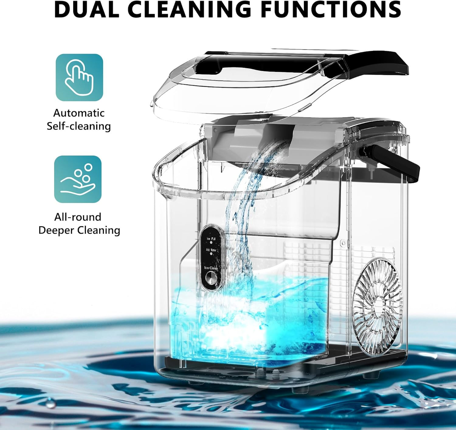 Countertop Nugget Ice Maker with Handle, Ready in 6 Mins, 34lbs Per Day, Removable Top Cover, Auto-Cleaning Portable Sonic Ice Maker with Basket & Scoop for Home Party RV Camping, Silver