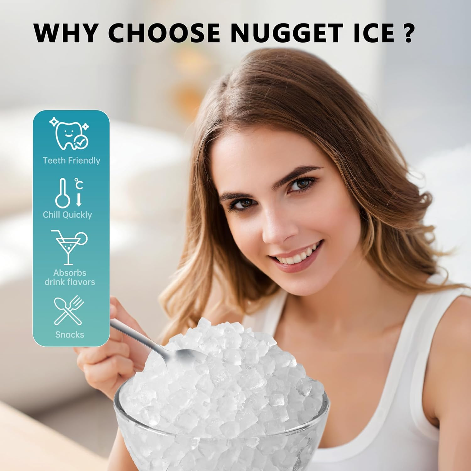 Countertop Nugget Ice Maker with Handle, Ready in 6 Mins, 34lbs Per Day, Removable Top Cover, Auto-Cleaning Portable Sonic Ice Maker with Basket & Scoop for Home Party RV Camping, Silver