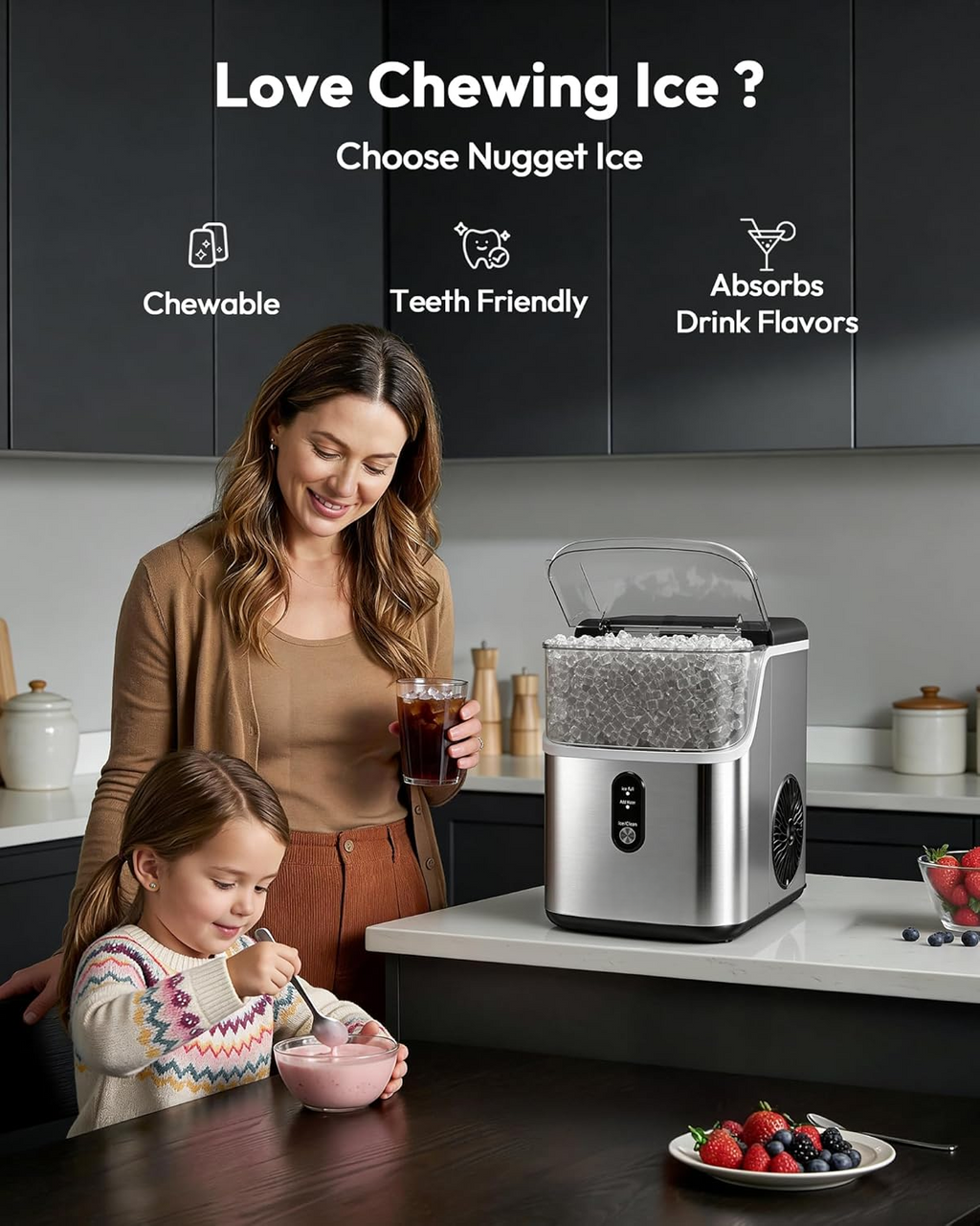 Countertop Nugget Ice Maker, Ready in 7 Mins, 35Lbs/24H Pebble Pellet Sonic Ice Machine, Self-Cleaning Stainless Steel Ice Maker with Scoop & Basket for Home