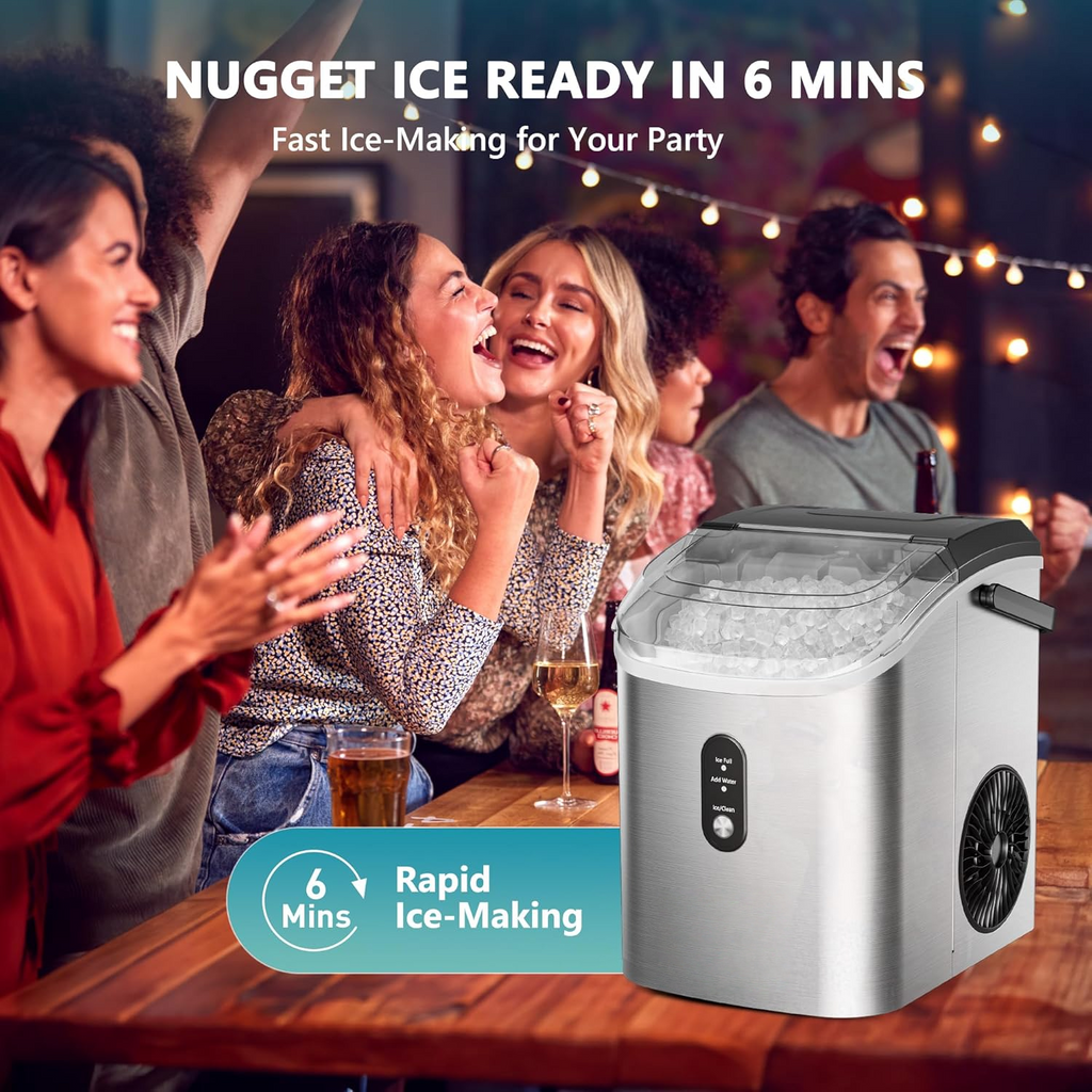 Countertop Nugget Ice Maker with Handle, Ready in 6 Mins, 34lbs Per Day, Removable Top Cover, Auto-Cleaning Portable Sonic Ice Maker with Basket & Scoop for Home Party RV Camping, Silver