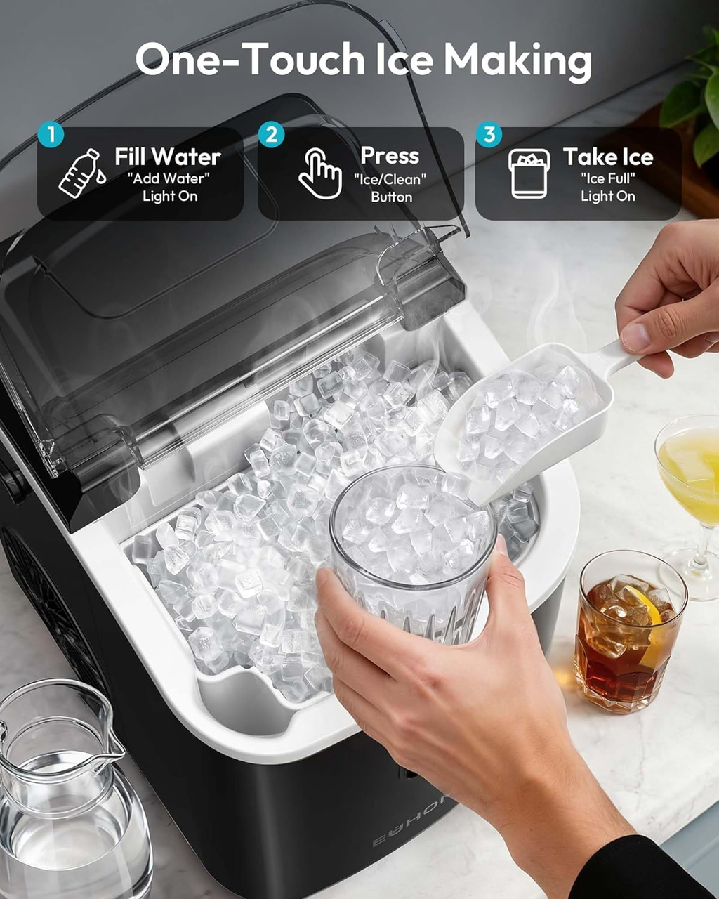 Countertop Nugget Ice Maker with Handle, Ready in 6 Mins, 34lbs/Day, Removable Top Cover, Self-Cleaning Portable Chewable Ice Maker with Basket & Scoop for Home RV Party Camping, Black