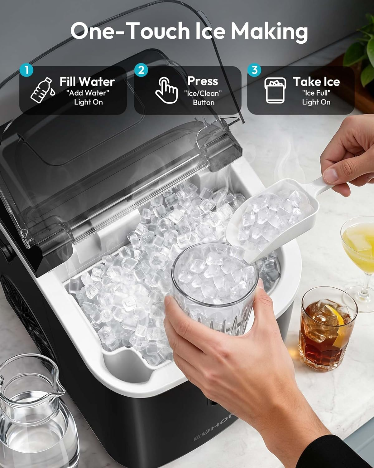 Countertop Nugget Ice Maker with Handle, Ready in 6 Mins, 34lbs/Day, Removable Top Cover, Self-Cleaning Portable Chewable Ice Maker with Basket & Scoop for Home RV Party Camping, Black