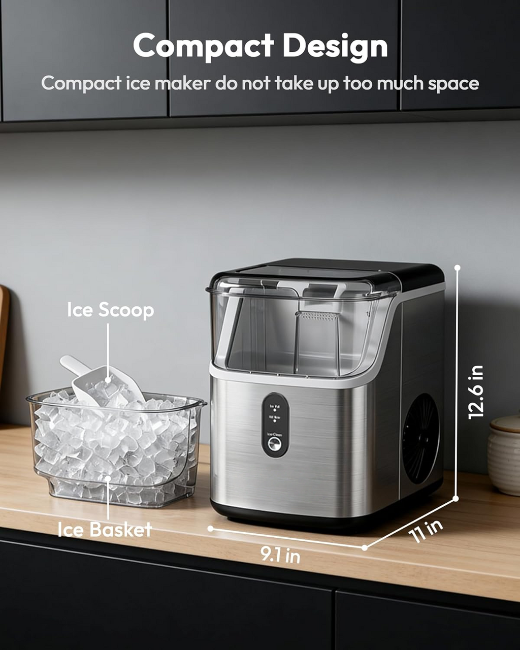 Countertop Nugget Ice Maker, Ready in 7 Mins, 35Lbs/24H Pebble Pellet Sonic Ice Machine, Self-Cleaning Stainless Steel Ice Maker with Scoop & Basket for Home