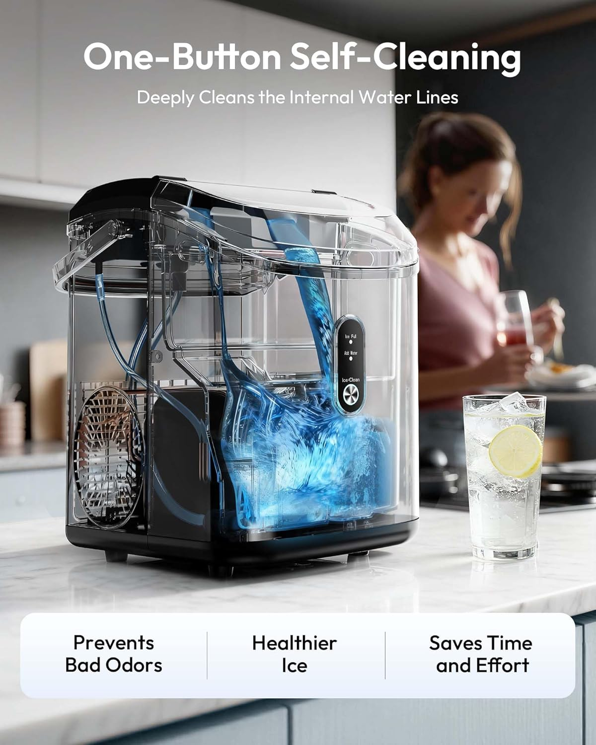 Countertop Nugget Ice Maker with Handle, Ready in 6 Mins, 34lbs/Day, Removable Top Cover, Self-Cleaning Portable Chewable Ice Maker with Basket & Scoop for Home RV Party Camping, Black