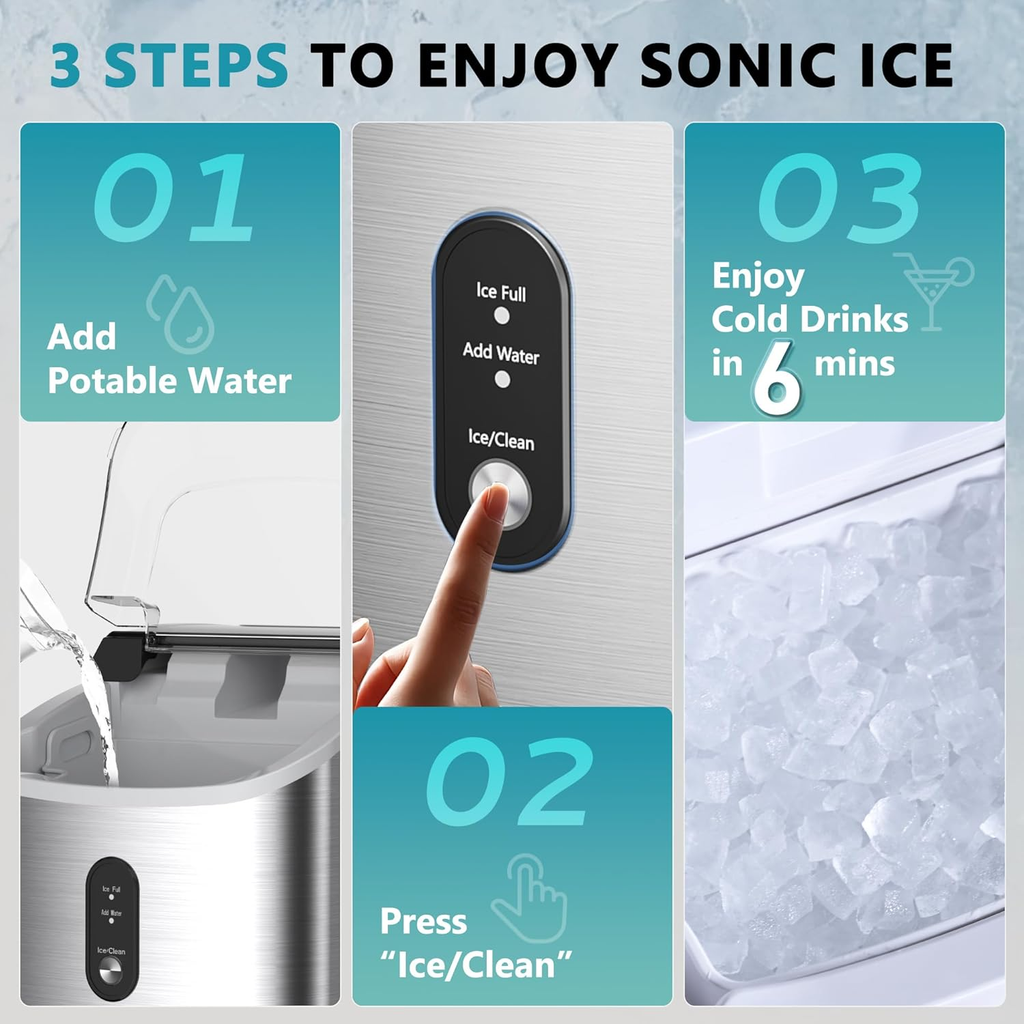 Countertop Nugget Ice Maker with Handle, Ready in 6 Mins, 34lbs Per Day, Removable Top Cover, Auto-Cleaning Portable Sonic Ice Maker with Basket & Scoop for Home Party RV Camping, Silver