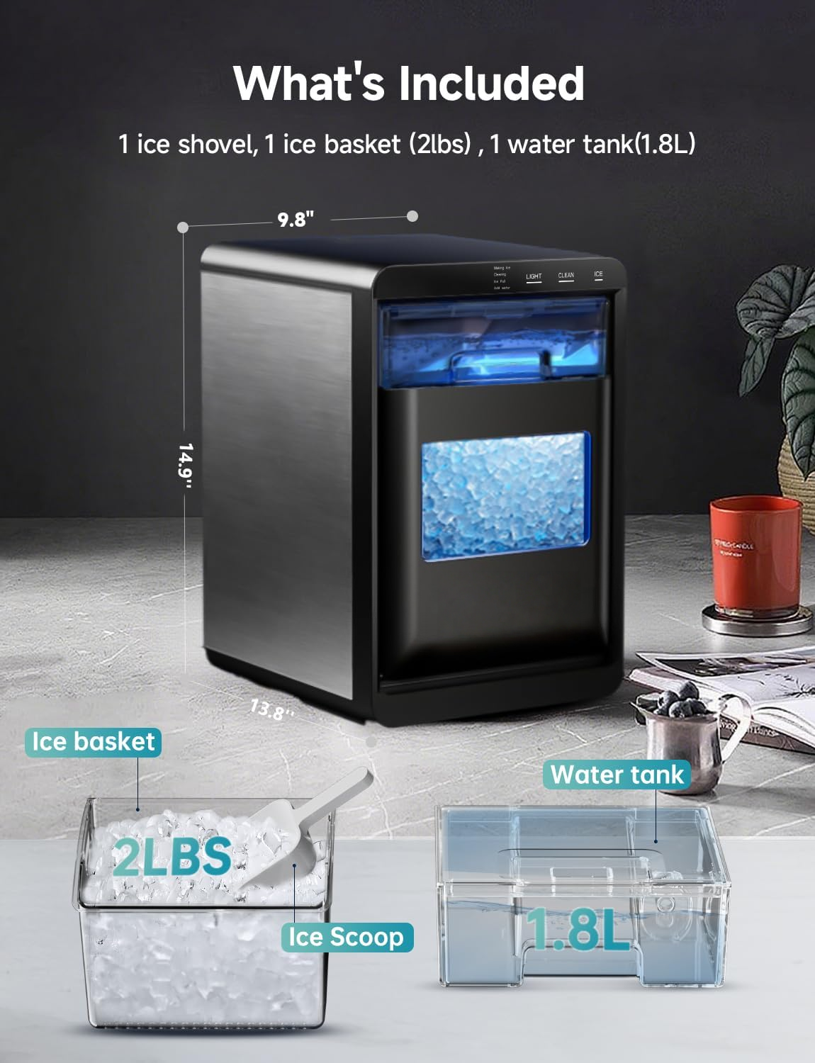 40Lbs Daily Countertop Ice Maker, Self-Cleaning Nugget Pellet Ice Machine for Home & Office
