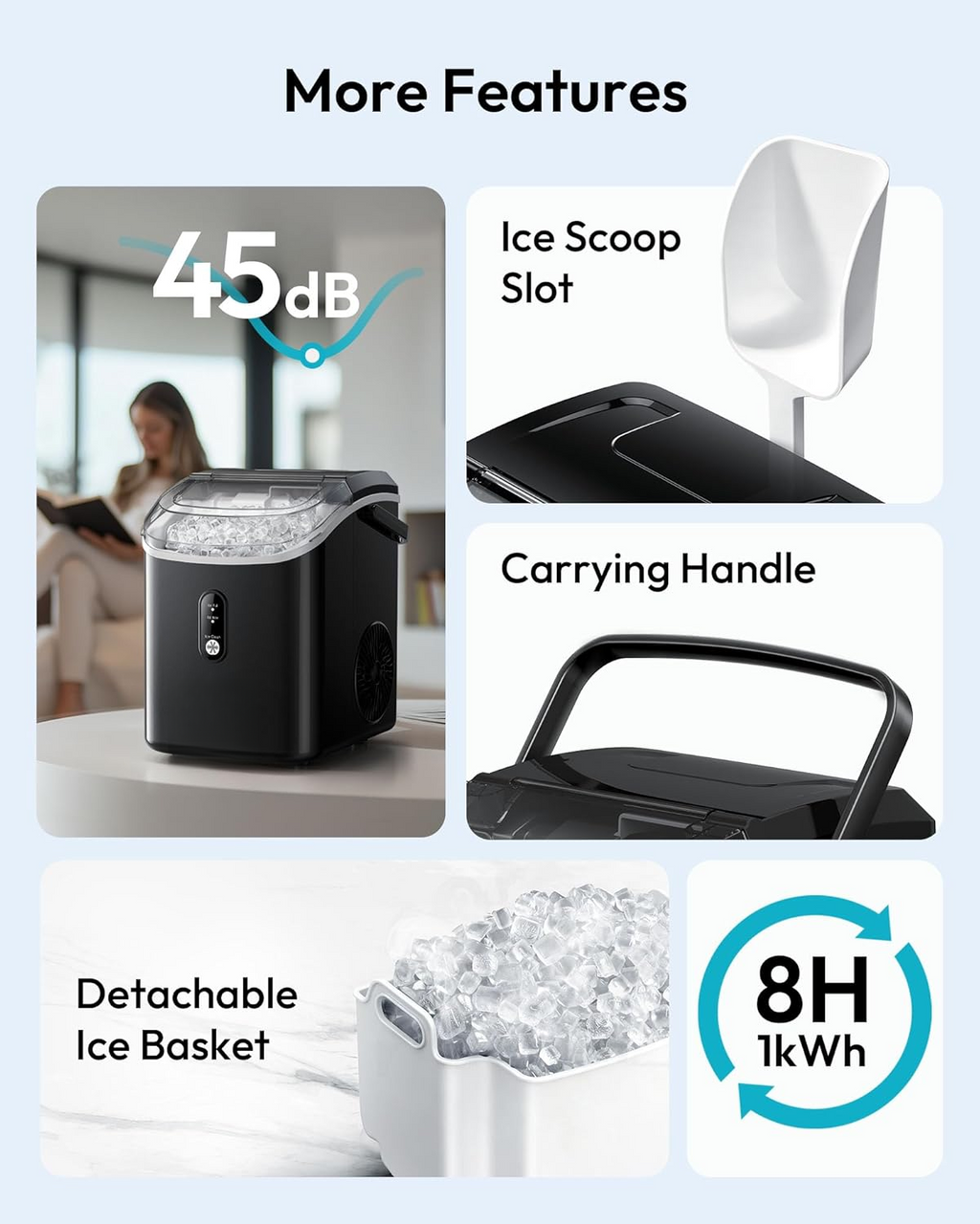 Countertop Nugget Ice Maker with Handle, Ready in 6 Mins, 34lbs/Day, Removable Top Cover, Self-Cleaning Portable Chewable Ice Maker with Basket & Scoop for Home RV Party Camping, Black