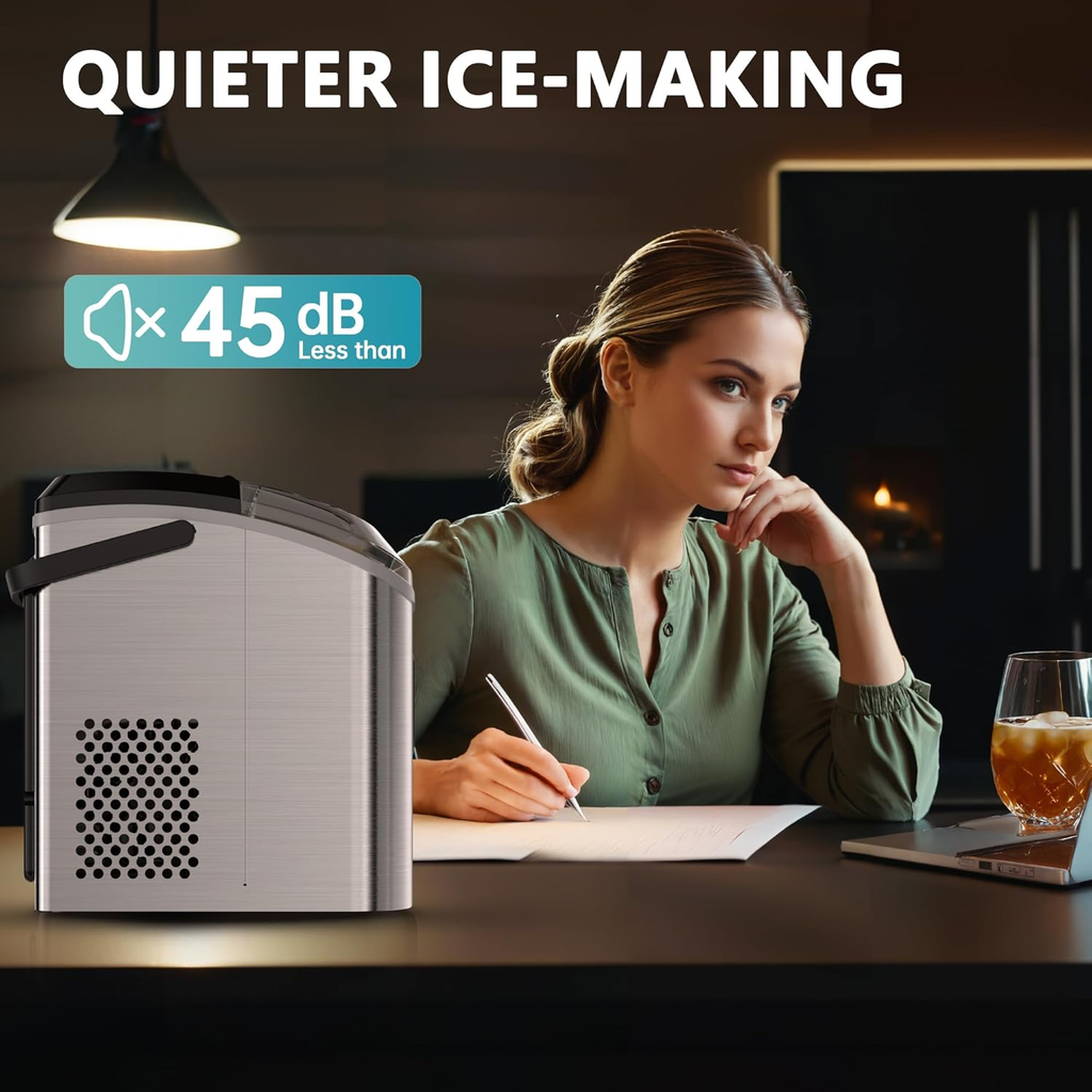 Countertop Nugget Ice Maker with Handle, Ready in 6 Mins, 34lbs Per Day, Removable Top Cover, Auto-Cleaning Portable Sonic Ice Maker with Basket & Scoop for Home Party RV Camping, Silver