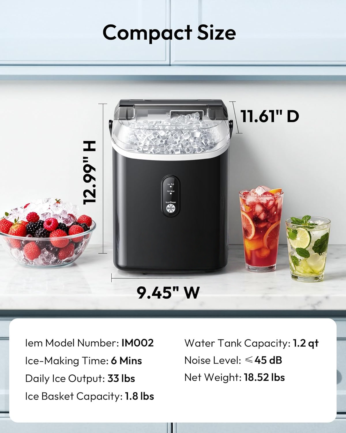 Countertop Nugget Ice Maker with Handle, Ready in 6 Mins, 34lbs/Day, Removable Top Cover, Self-Cleaning Portable Chewable Ice Maker with Basket & Scoop for Home RV Party Camping, Black
