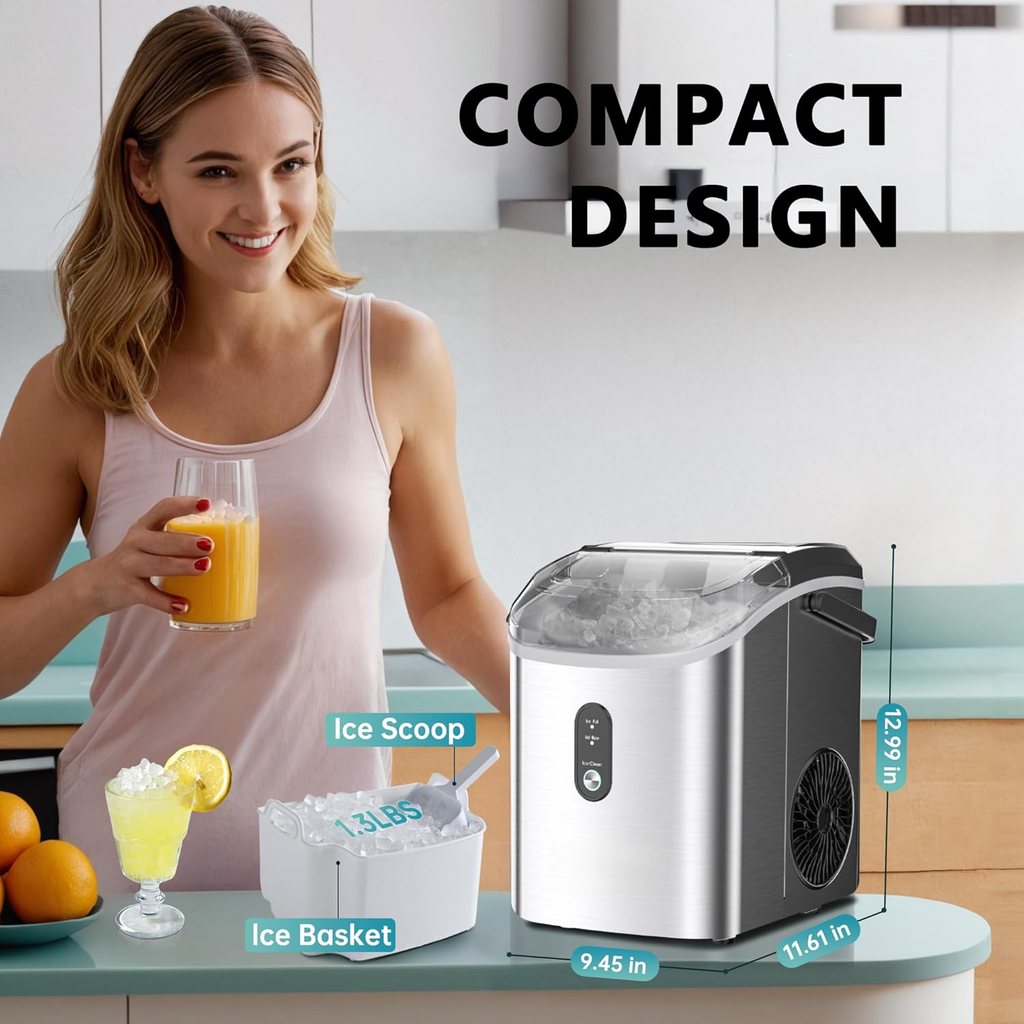 Countertop Nugget Ice Maker with Handle, Ready in 6 Mins, 34lbs Per Day, Removable Top Cover, Auto-Cleaning Portable Sonic Ice Maker with Basket & Scoop for Home Party RV Camping, Silver