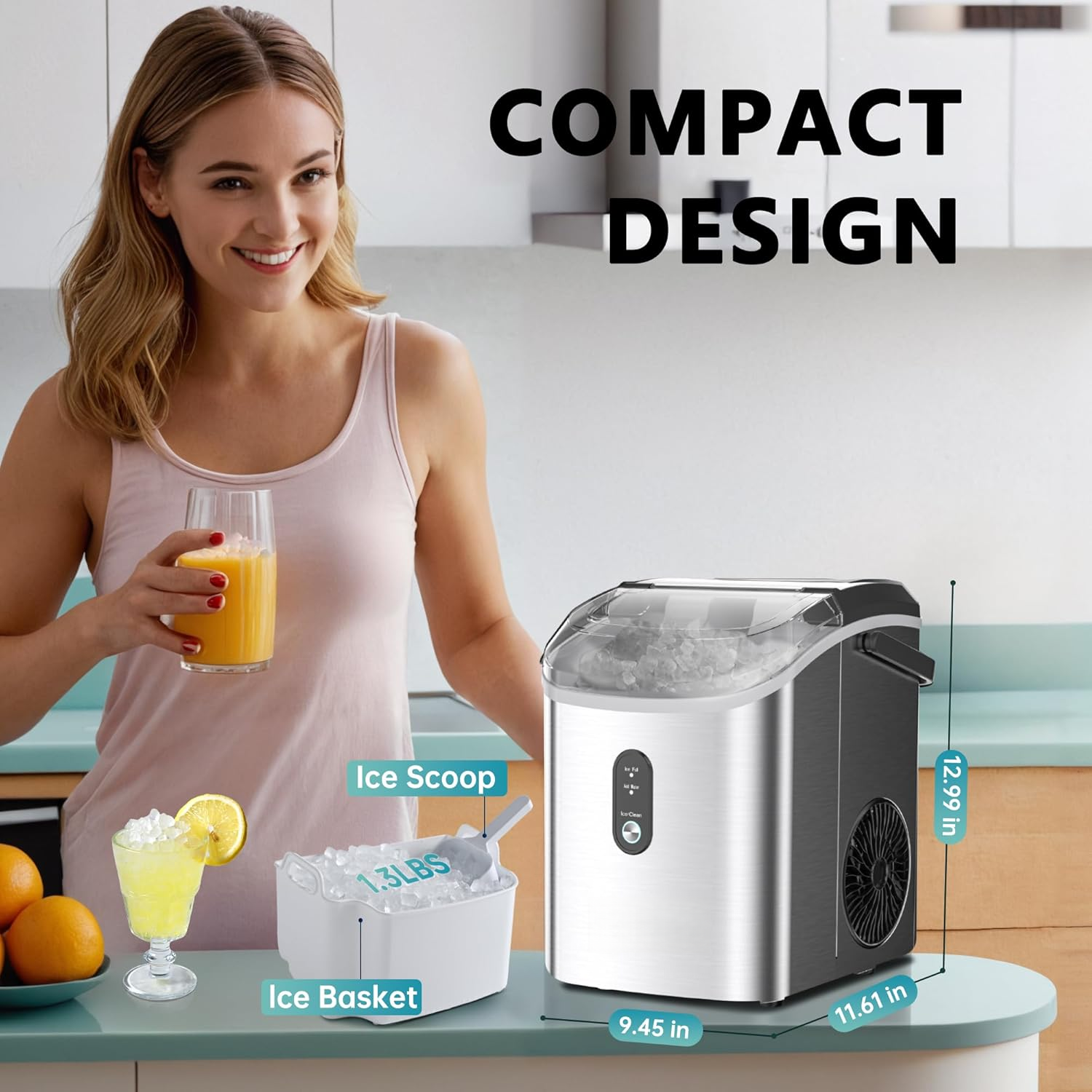 Countertop Nugget Ice Maker with Handle, Ready in 6 Mins, 34lbs Per Day, Removable Top Cover, Auto-Cleaning Portable Sonic Ice Maker with Basket & Scoop for Home Party RV Camping, Silver
